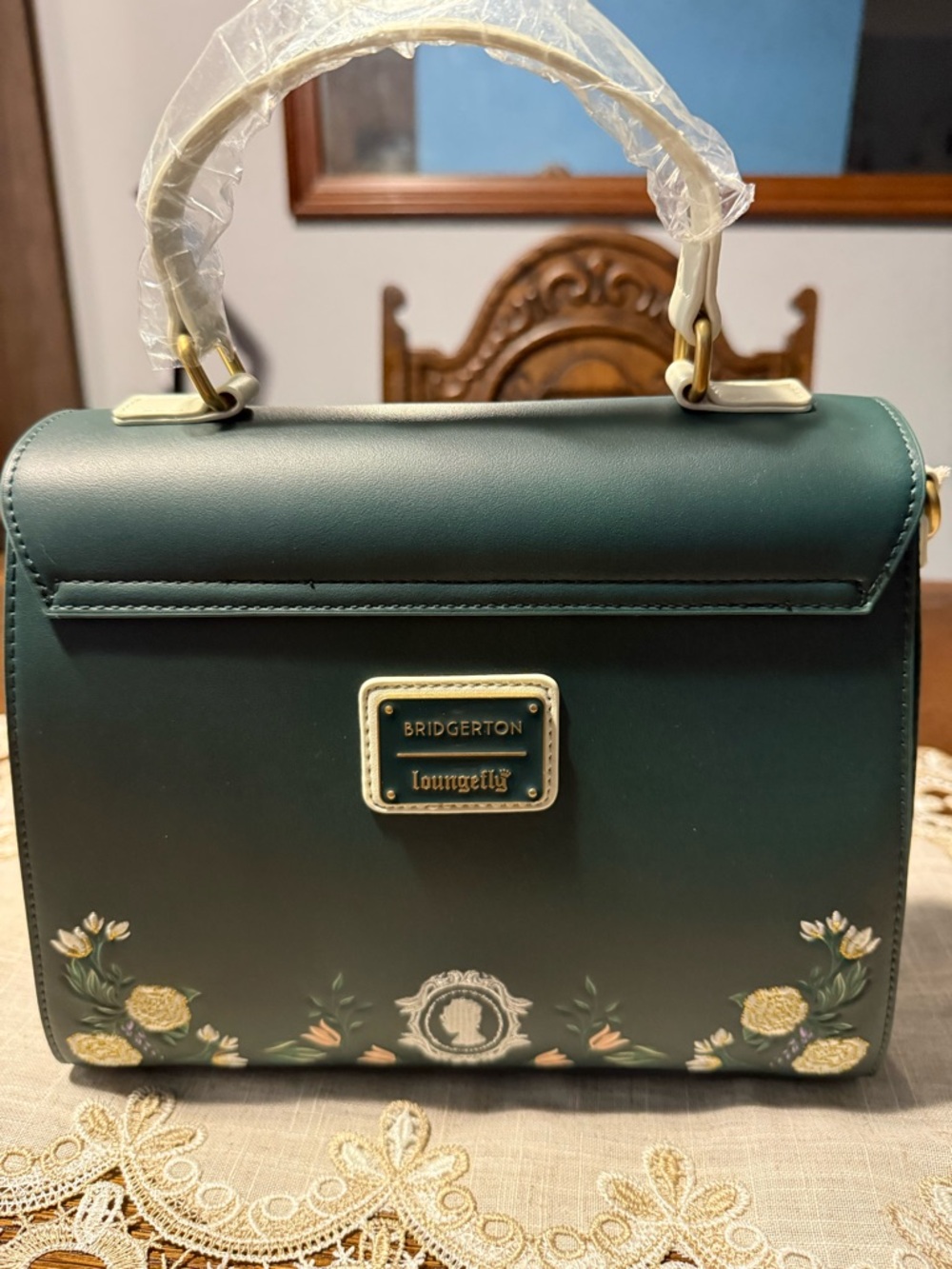 Loungefly Bridgerton Dark Green Floral Embroidered Top-Handle Satchel - Picture 3 of 6